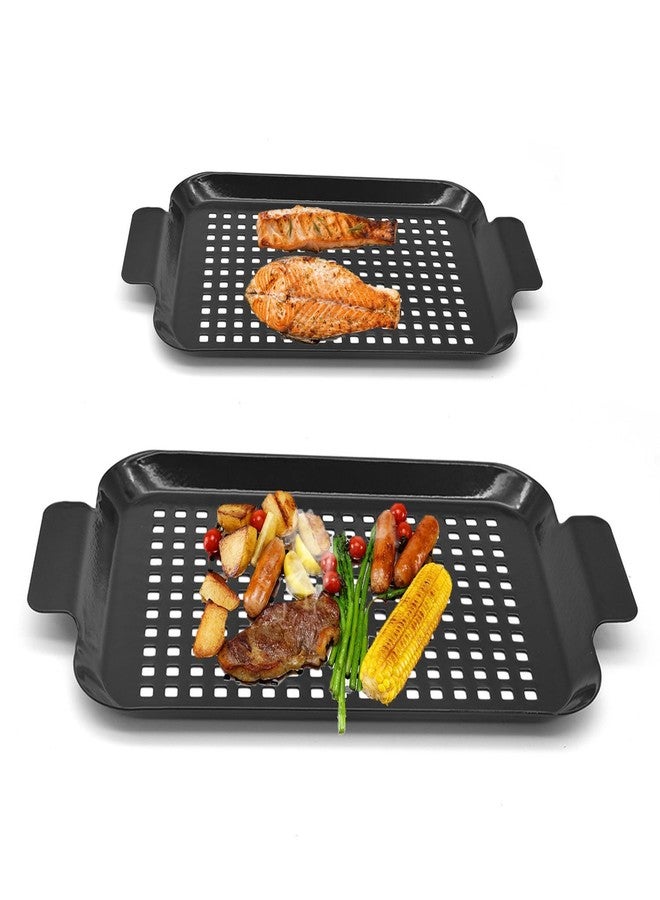 ycxmjyr Grill Topper Non-Stick Stainless Steel BBQ Tray with Holes Outdoor Grilling Pans for Meat Vegetables Set of 2 (16.5" x10" and 13"x7.4") (Black) - Image 1